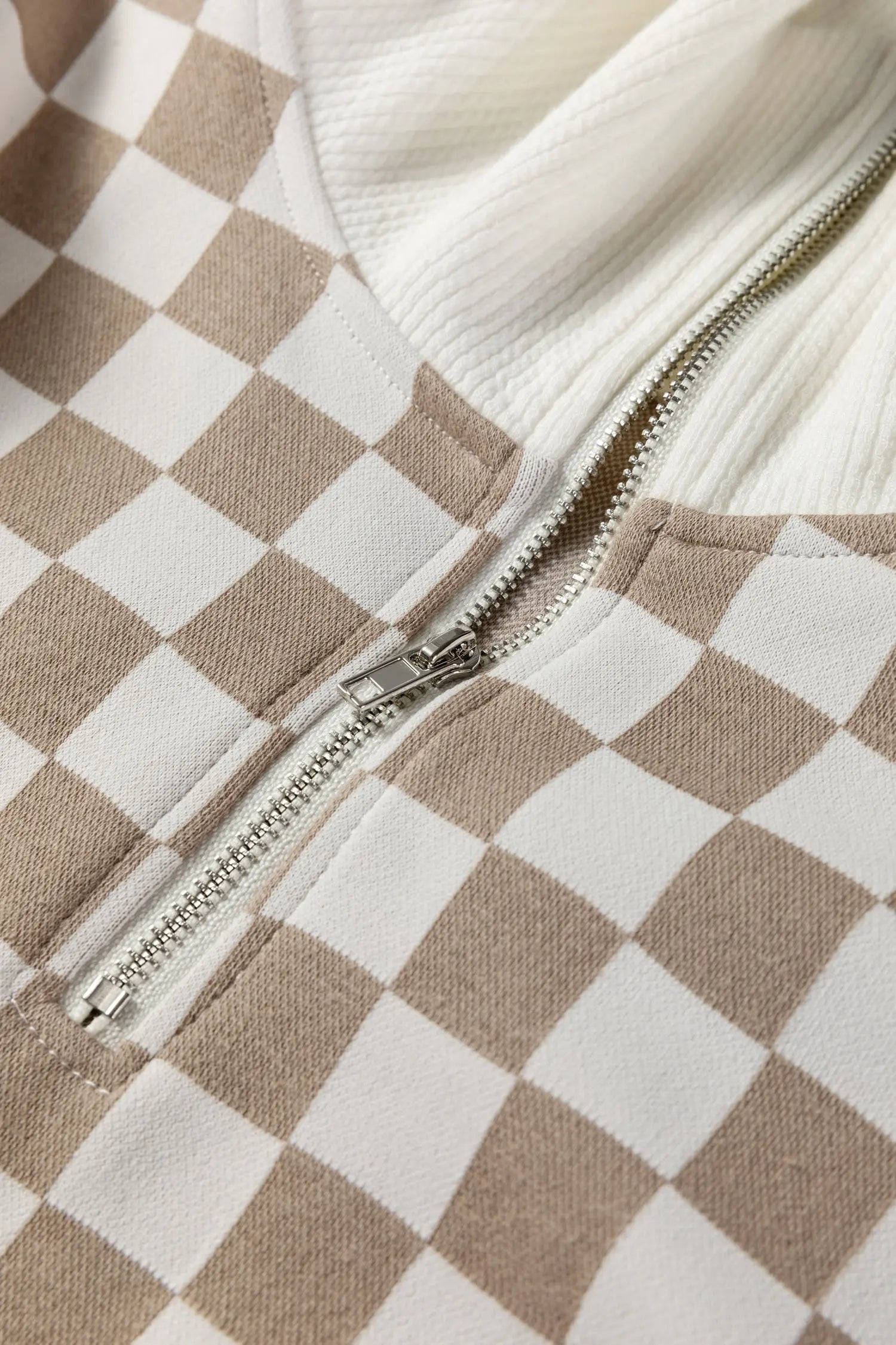 Khaki Checkered Print Quarter Zip Ribbed Patchwork Loose Sweatshirt Dear-Lover Dropshipping