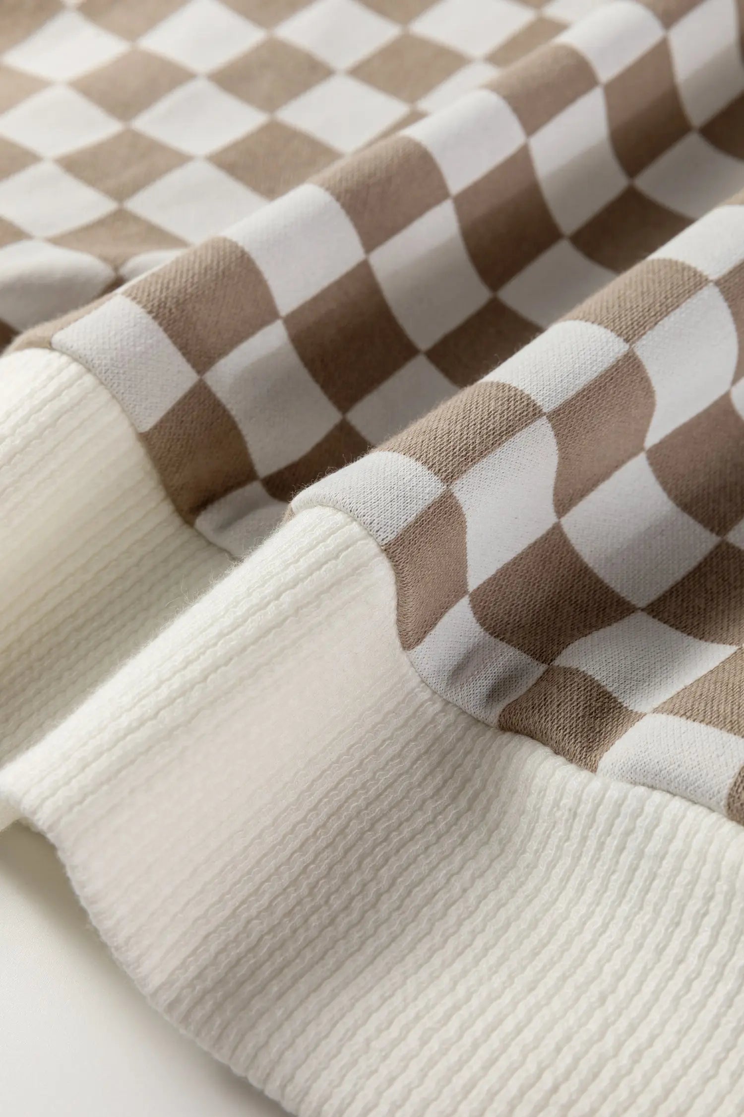 Khaki Checkered Print Quarter Zip Ribbed Patchwork Loose Sweatshirt Dear-Lover Dropshipping