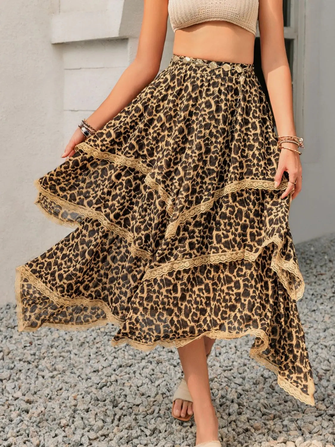 Lace Detail Layered Printed Skirt Trendsi