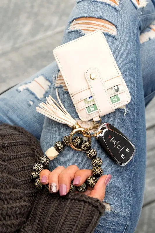 Leopard Beaded Key Ring Wallet Bracelet Aili's Corner