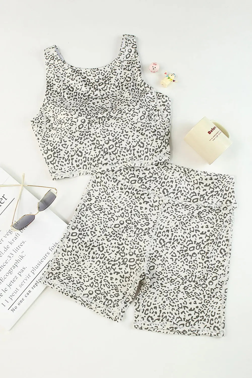 Leopard Round Neck Wide Strap Top and Shorts Set Trendsi