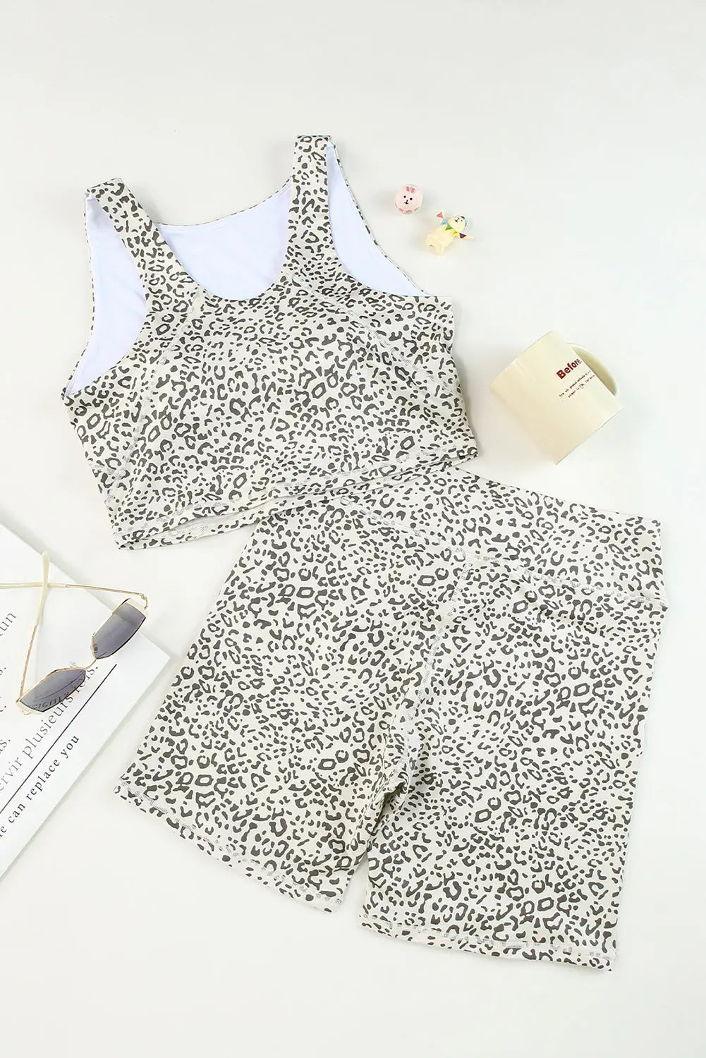 Leopard Round Neck Wide Strap Top and Shorts Set Trendsi