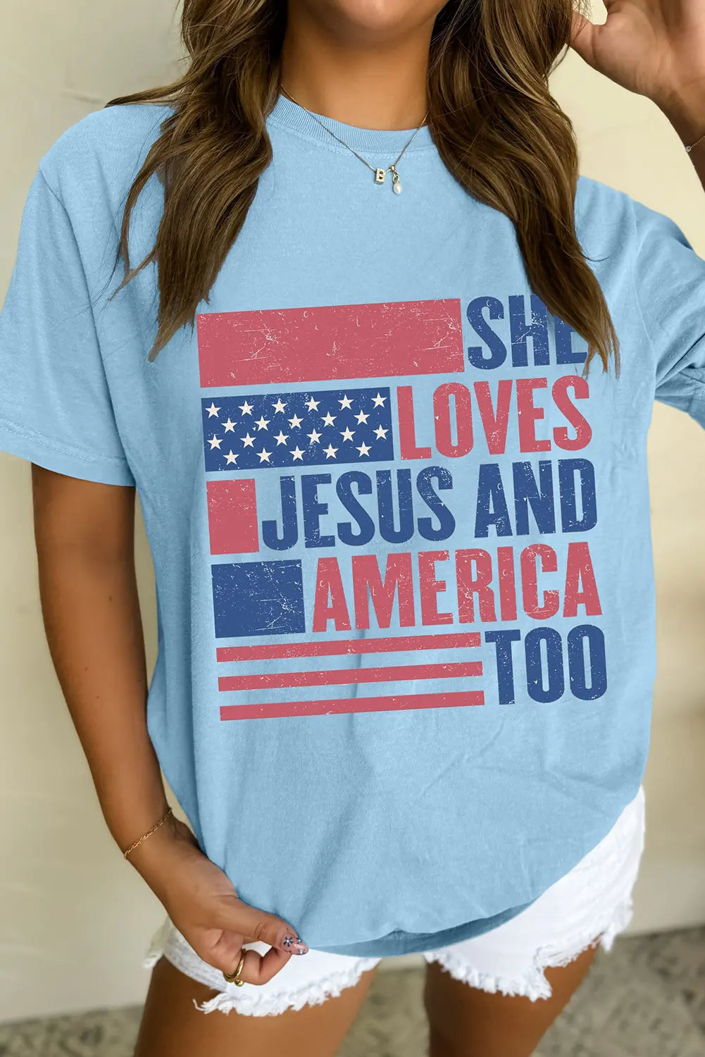 Light Blue SHE LOVES JESUS AND AMERICA TOO Flag Graphic T Shirt Dear-Lover Dropshipping
