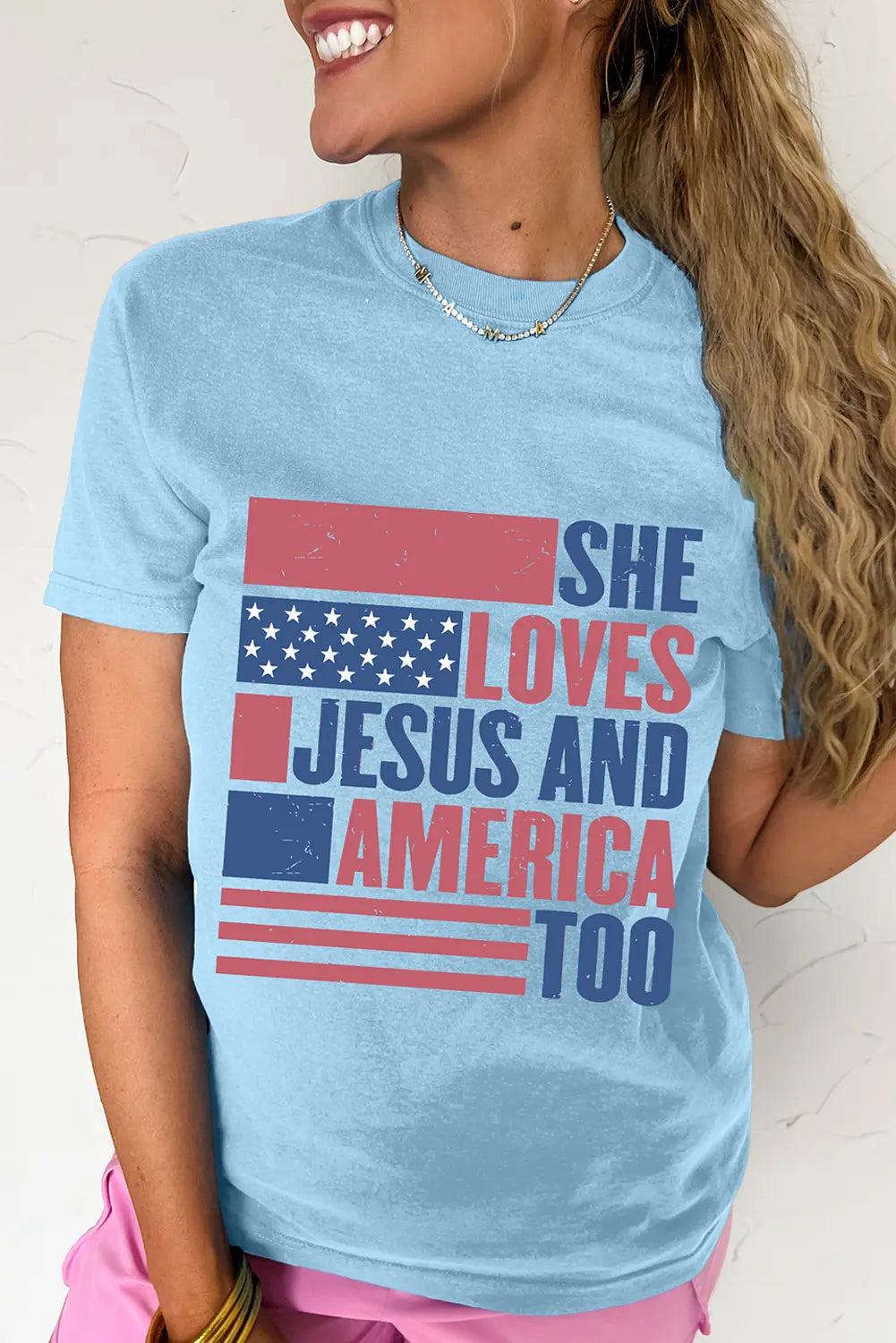 Light Blue SHE LOVES JESUS AND AMERICA TOO Flag Graphic T Shirt Dear-Lover Dropshipping