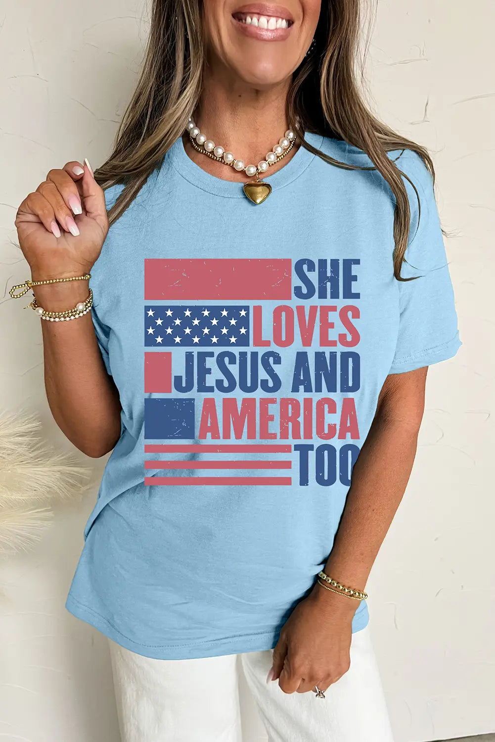 Light Blue SHE LOVES JESUS AND AMERICA TOO Flag Graphic T Shirt Dear-Lover Dropshipping