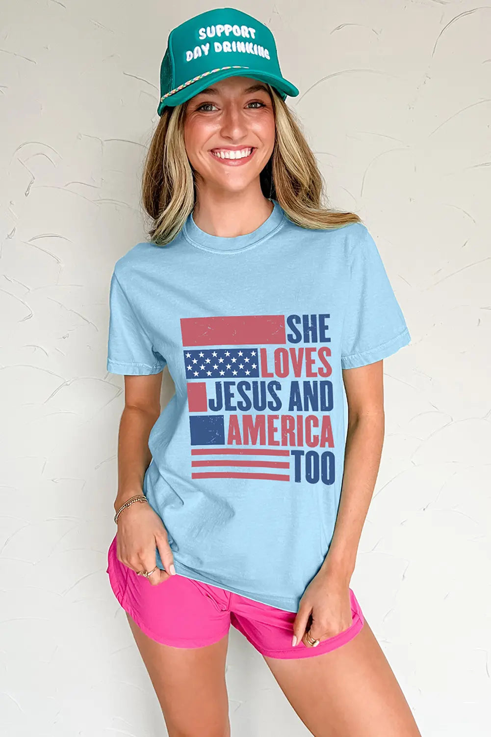 Light Blue SHE LOVES JESUS AND AMERICA TOO Flag Graphic T Shirt Dear-Lover Dropshipping