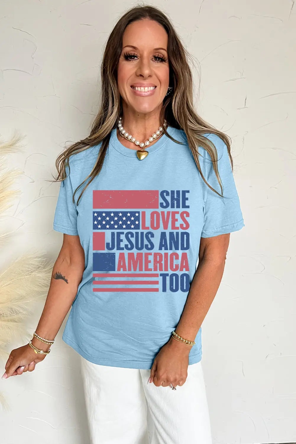 Light Blue SHE LOVES JESUS AND AMERICA TOO Flag Graphic T Shirt Dear-Lover Dropshipping