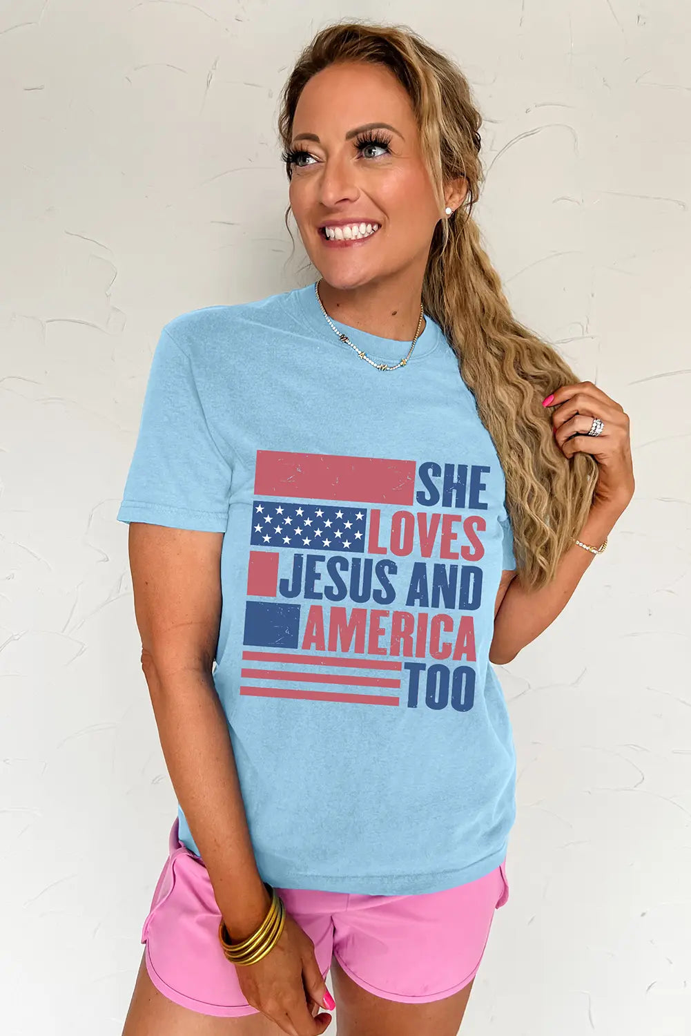 Light Blue SHE LOVES JESUS AND AMERICA TOO Flag Graphic T Shirt Dear-Lover Dropshipping