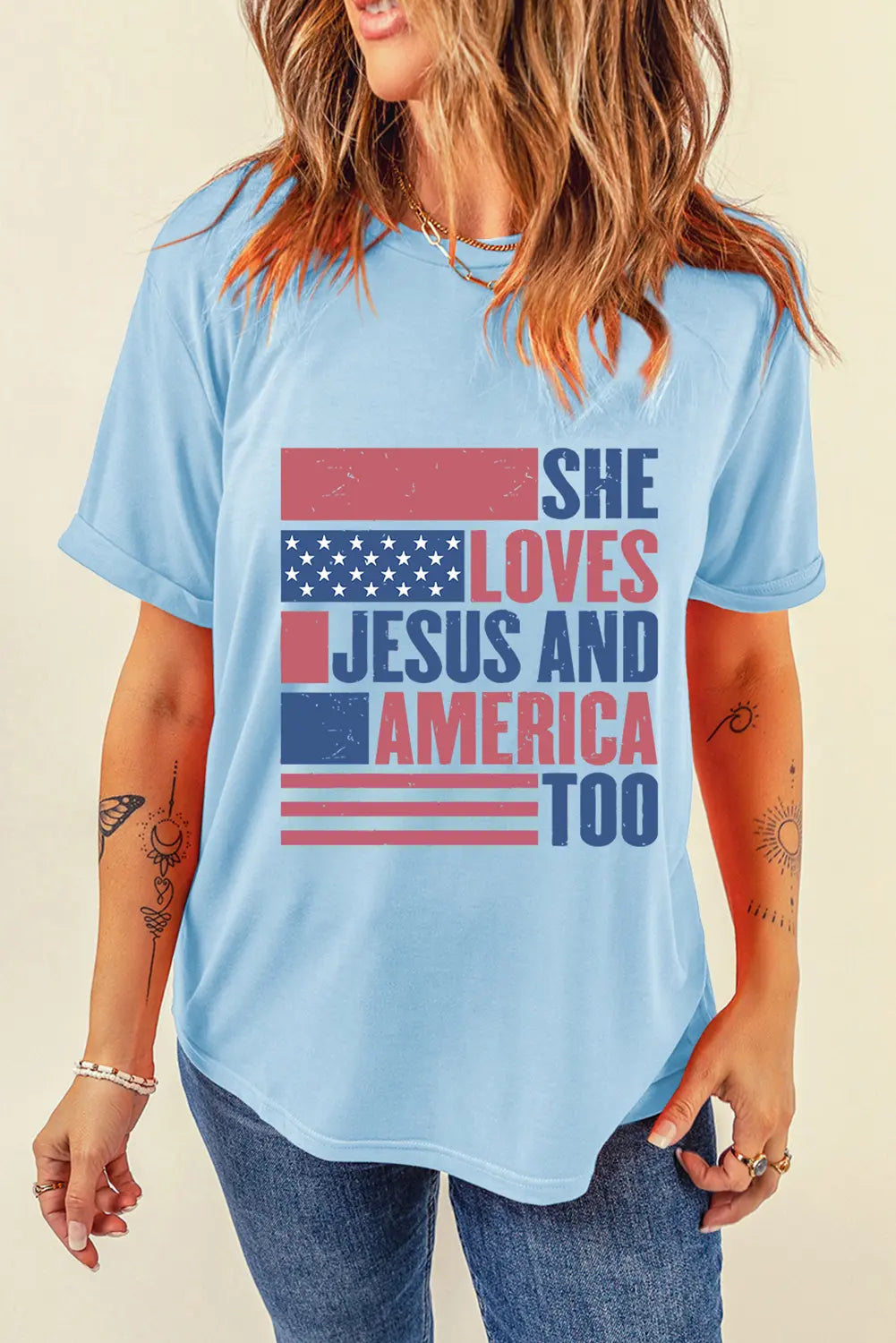 Light Blue SHE LOVES JESUS AND AMERICA TOO Flag Graphic T Shirt Dear-Lover Dropshipping