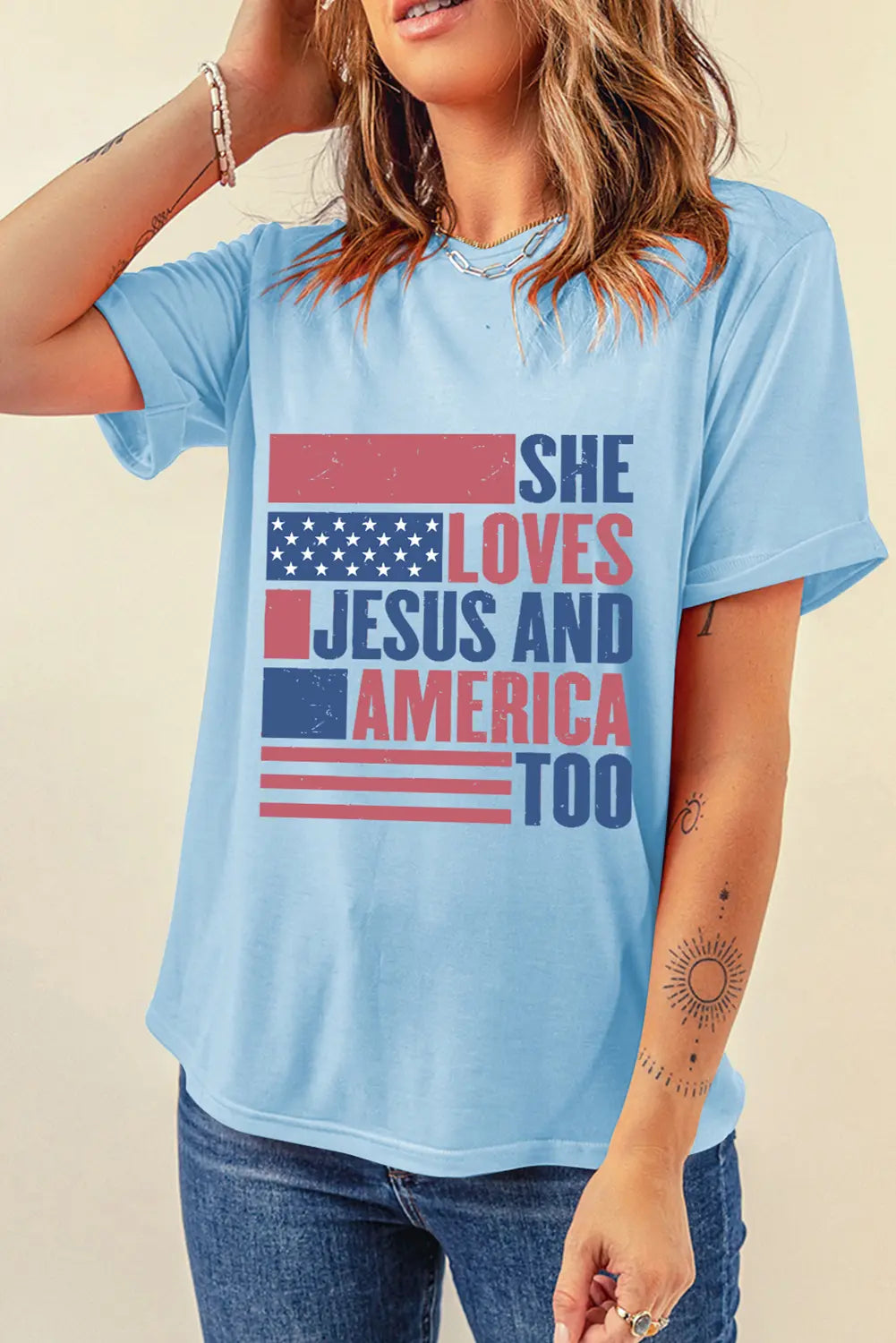 Light Blue SHE LOVES JESUS AND AMERICA TOO Flag Graphic T Shirt Dear-Lover Dropshipping