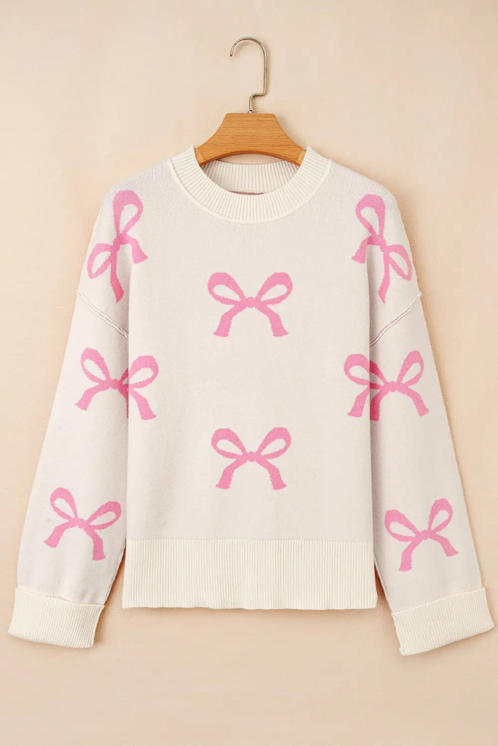 Pink Bow Print Ribbed Trim Exposed Seam Drop Shoulder Loose Sweater Dear-Lover Dropshipping
