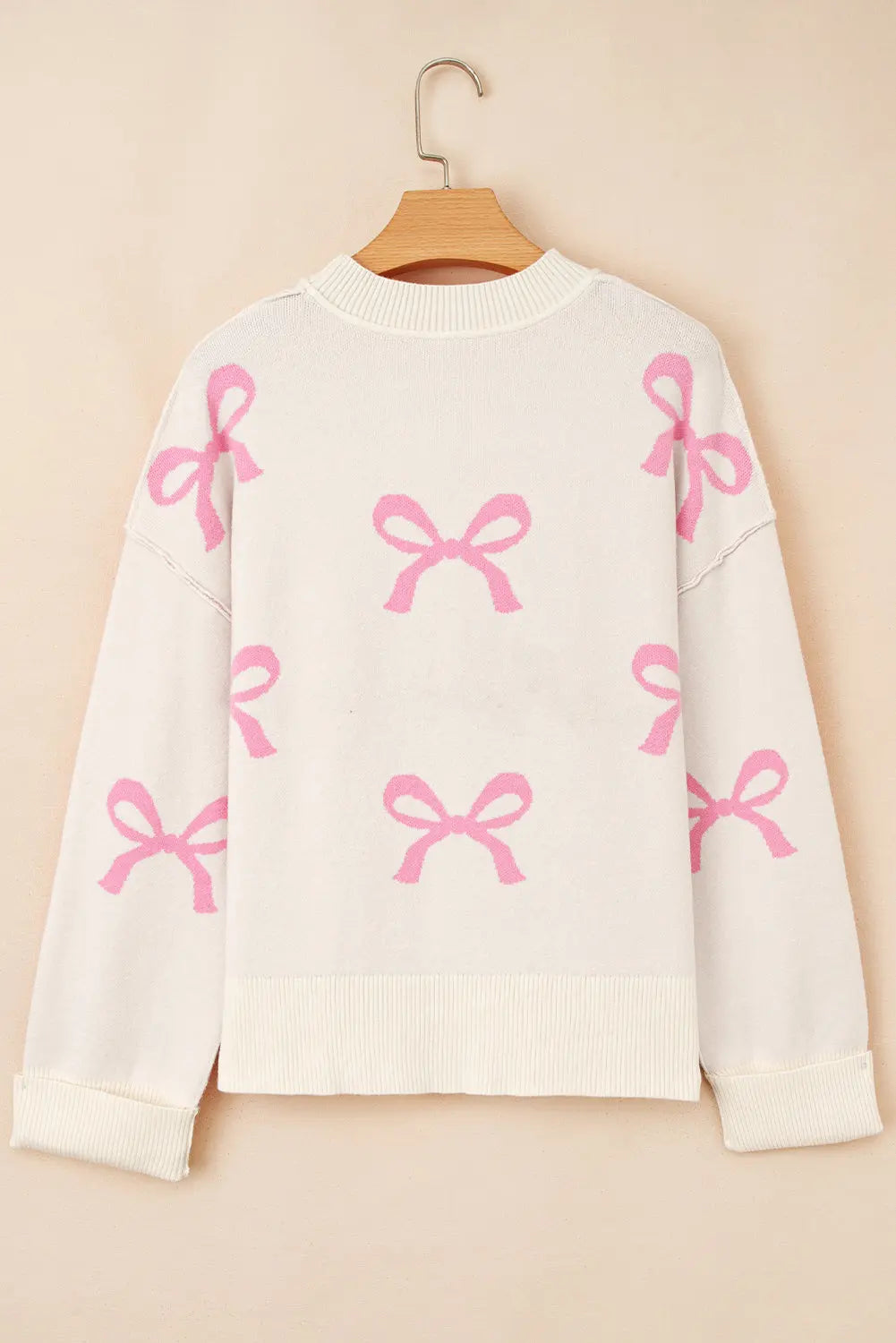 Pink Bow Print Ribbed Trim Exposed Seam Drop Shoulder Loose Sweater Dear-Lover Dropshipping