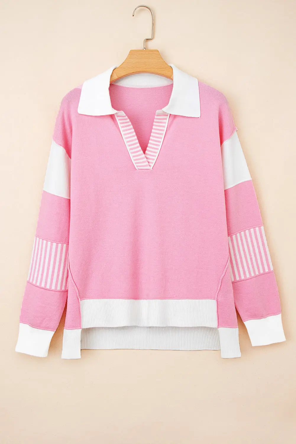 Pink Contrasting Polo Collar Color Block Knit Drop Shoulder Sweater Dear-Lover Dropshipping