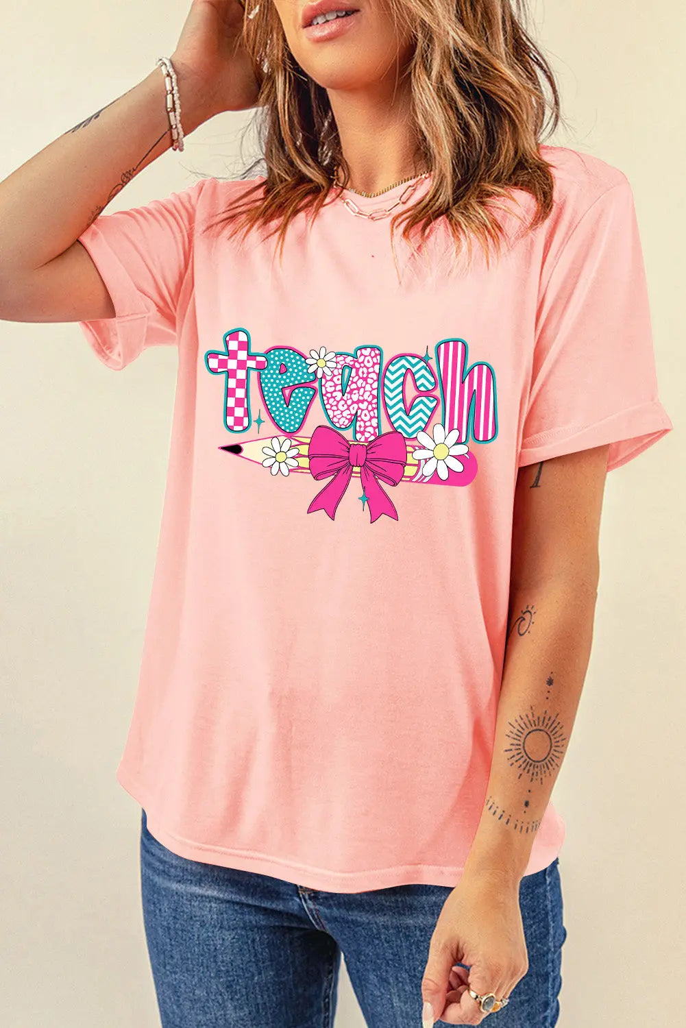 Pink Preppy Retro Checkered Coquette Teach Graphic T-Shirt Dear-Lover Dropshipping