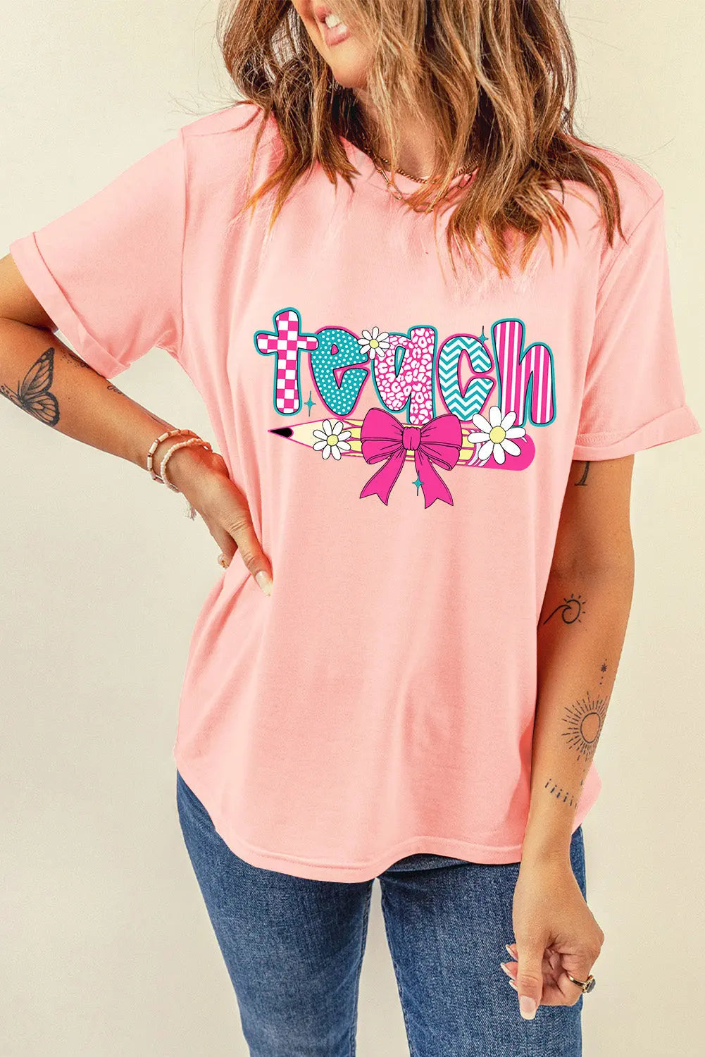 Pink Preppy Retro Checkered Coquette Teach Graphic T-Shirt Dear-Lover Dropshipping