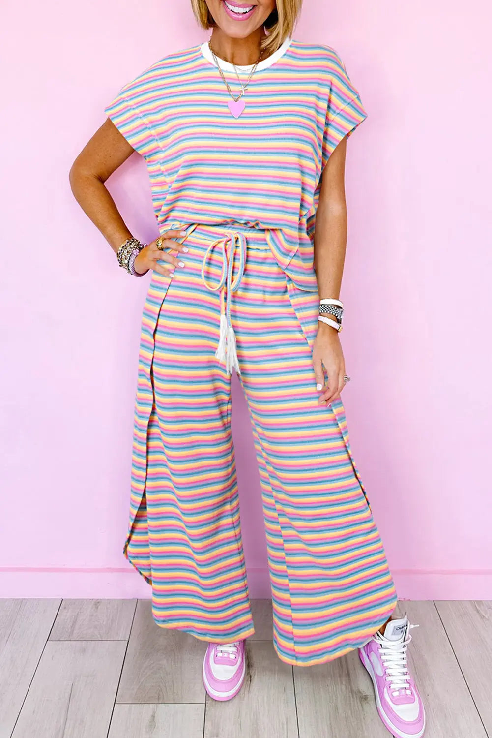 Pink Stripe Rainbow Tee Tasseled String Wide Leg Pants Set Milli & Molli’s