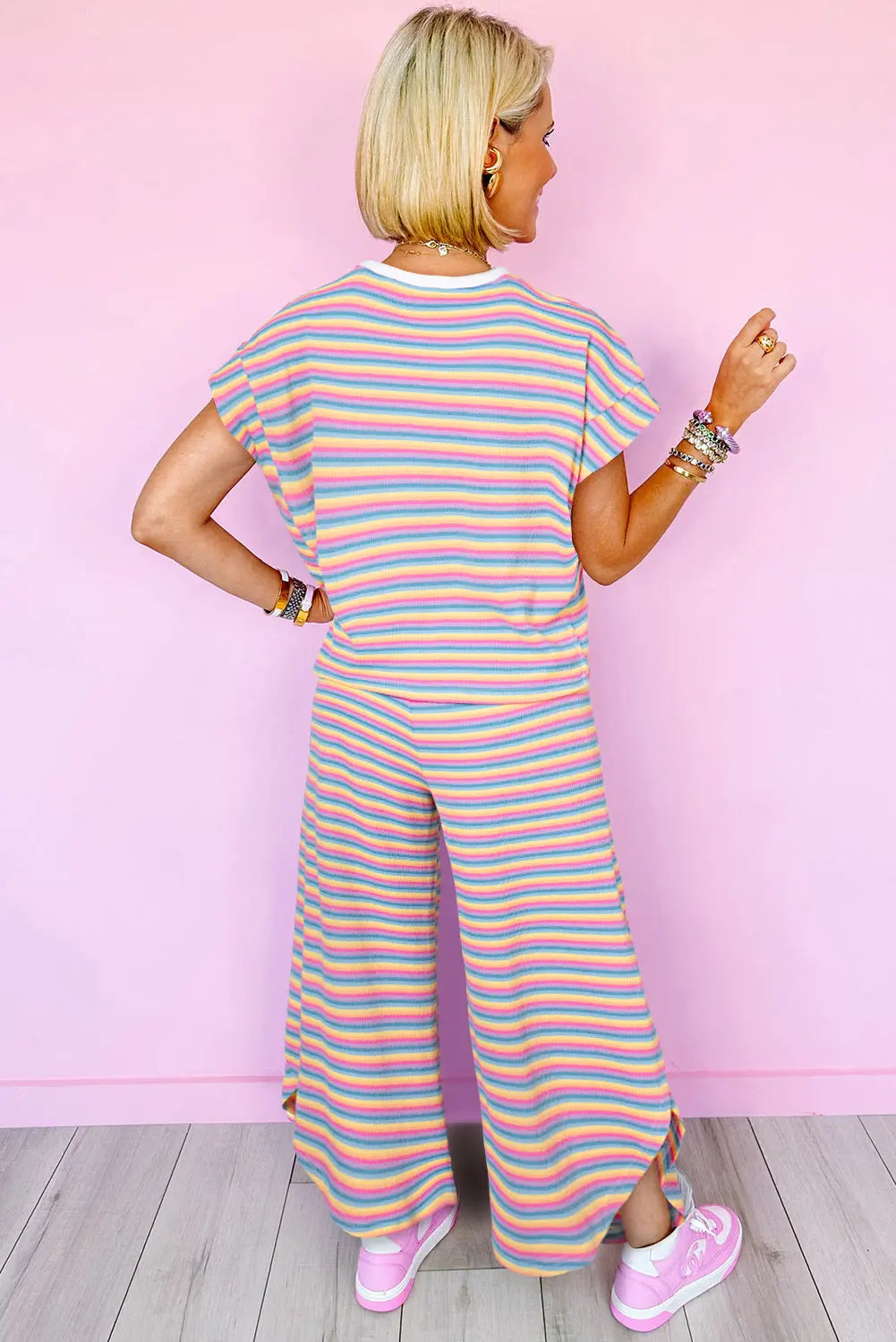 Pink Stripe Rainbow Tee Tasseled String Wide Leg Pants Set Milli & Molli’s