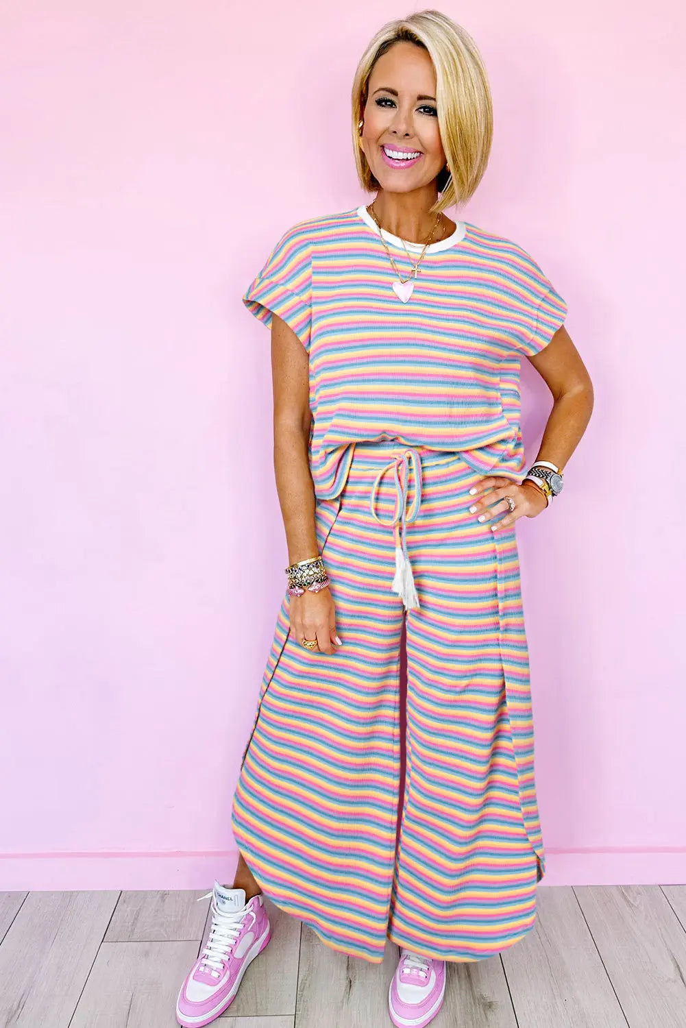 Pink Stripe Rainbow Tee Tasseled String Wide Leg Pants Set Milli & Molli’s