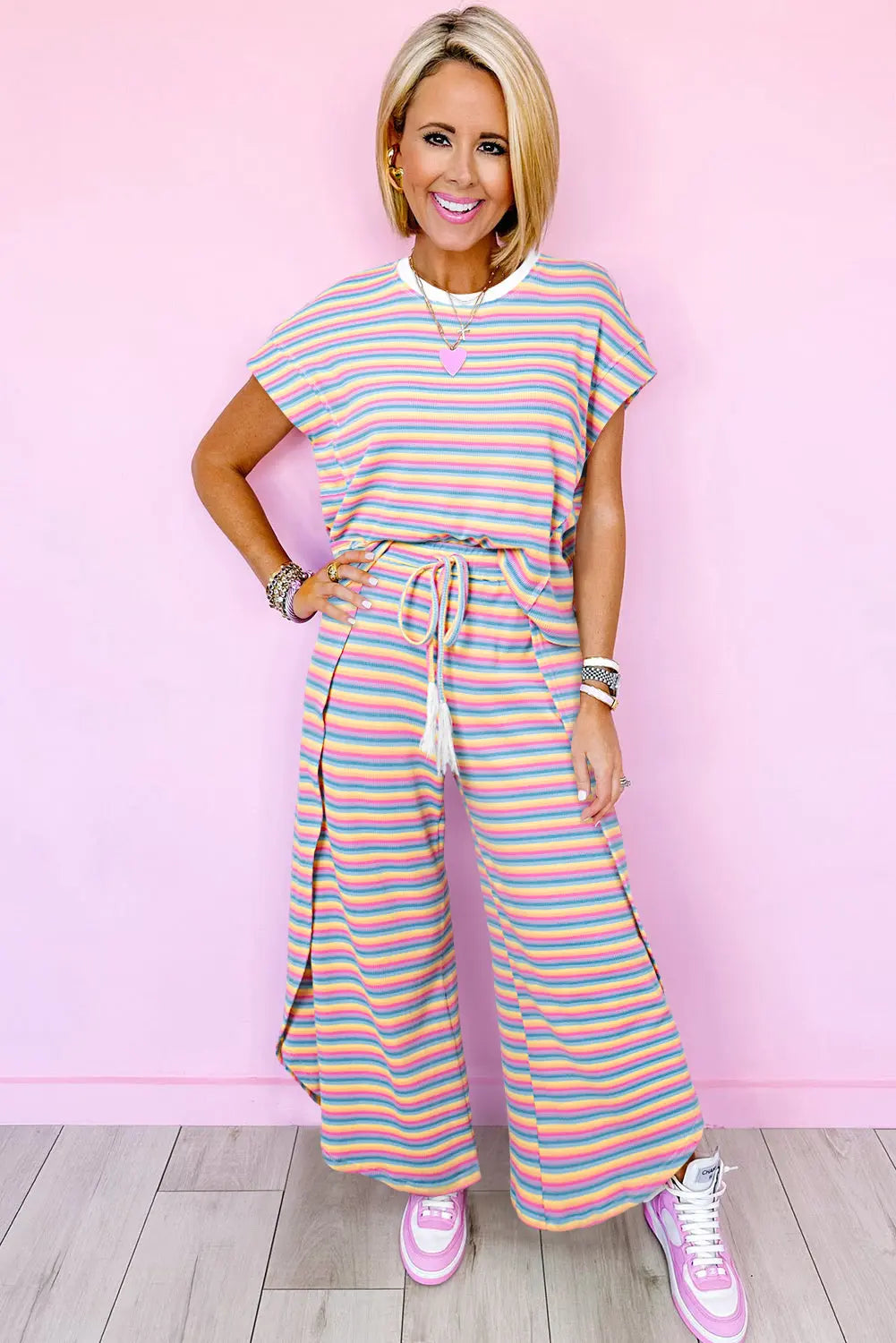 Pink Stripe Rainbow Tee Tasseled String Wide Leg Pants Set Milli & Molli’s