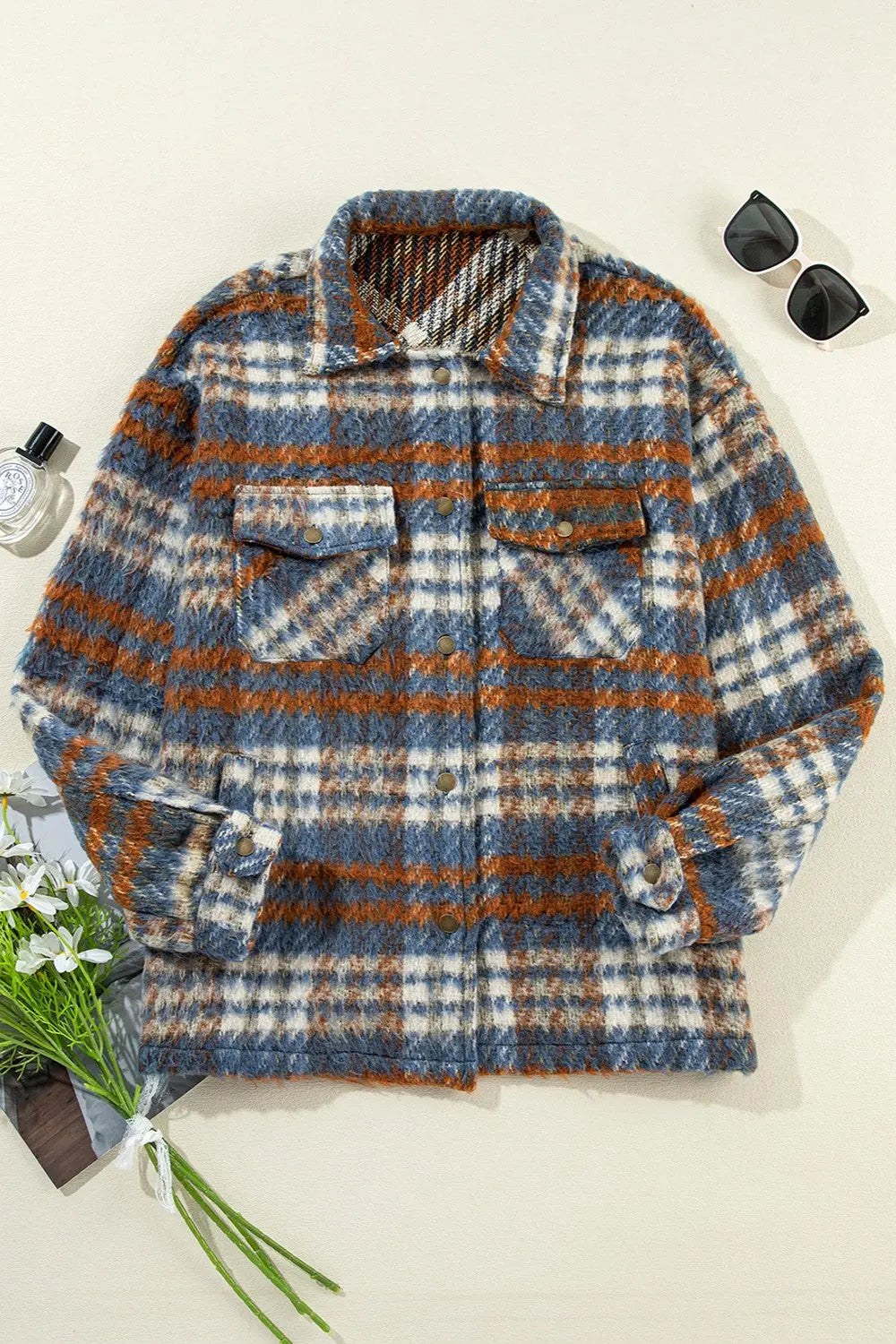 Plaid Button Up Long Sleeve Jacket Trendsi