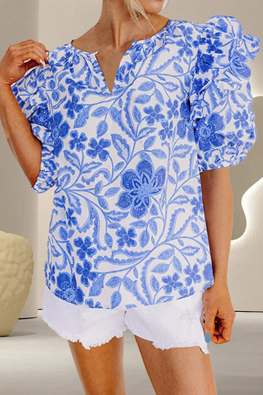 Printed Notched Half Sleeve Blouse Trendsi