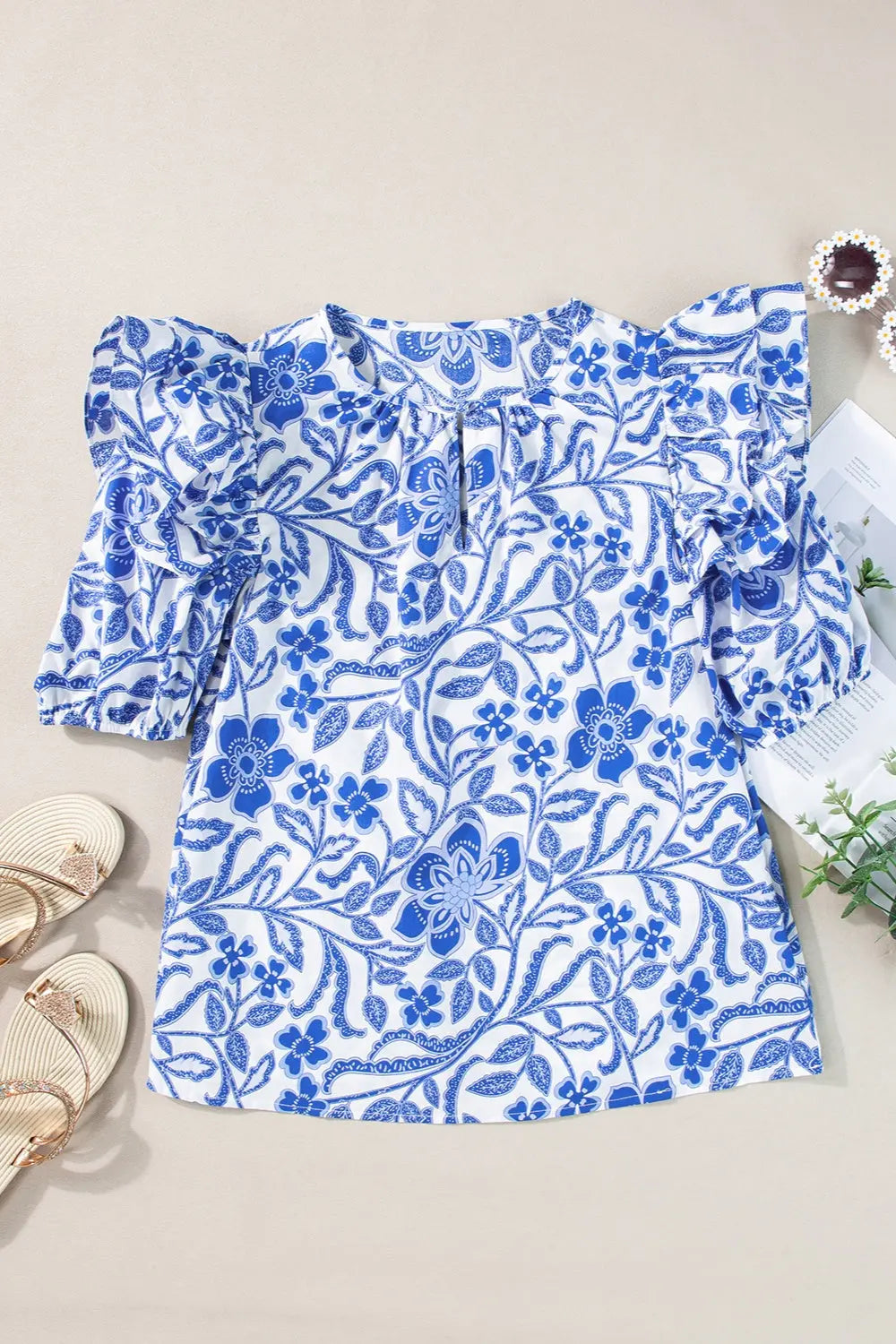 Printed Notched Half Sleeve Blouse Trendsi