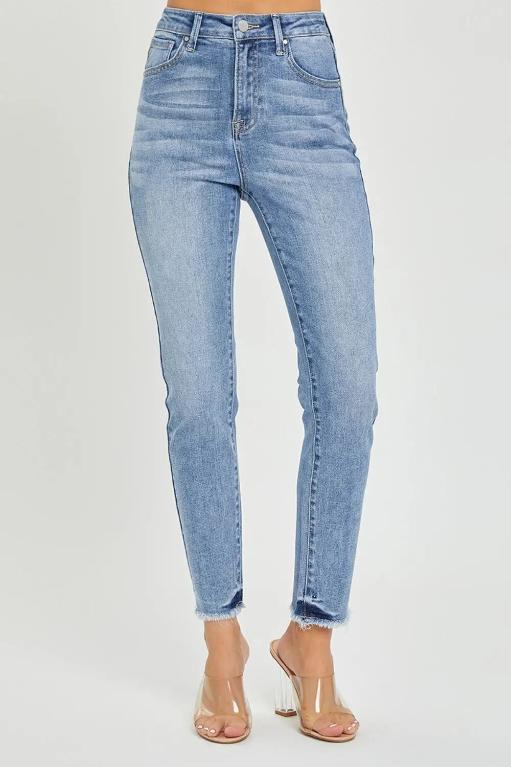 RISEN Full Size High Rise Frayed Hem Skinny Jeans Trendsi