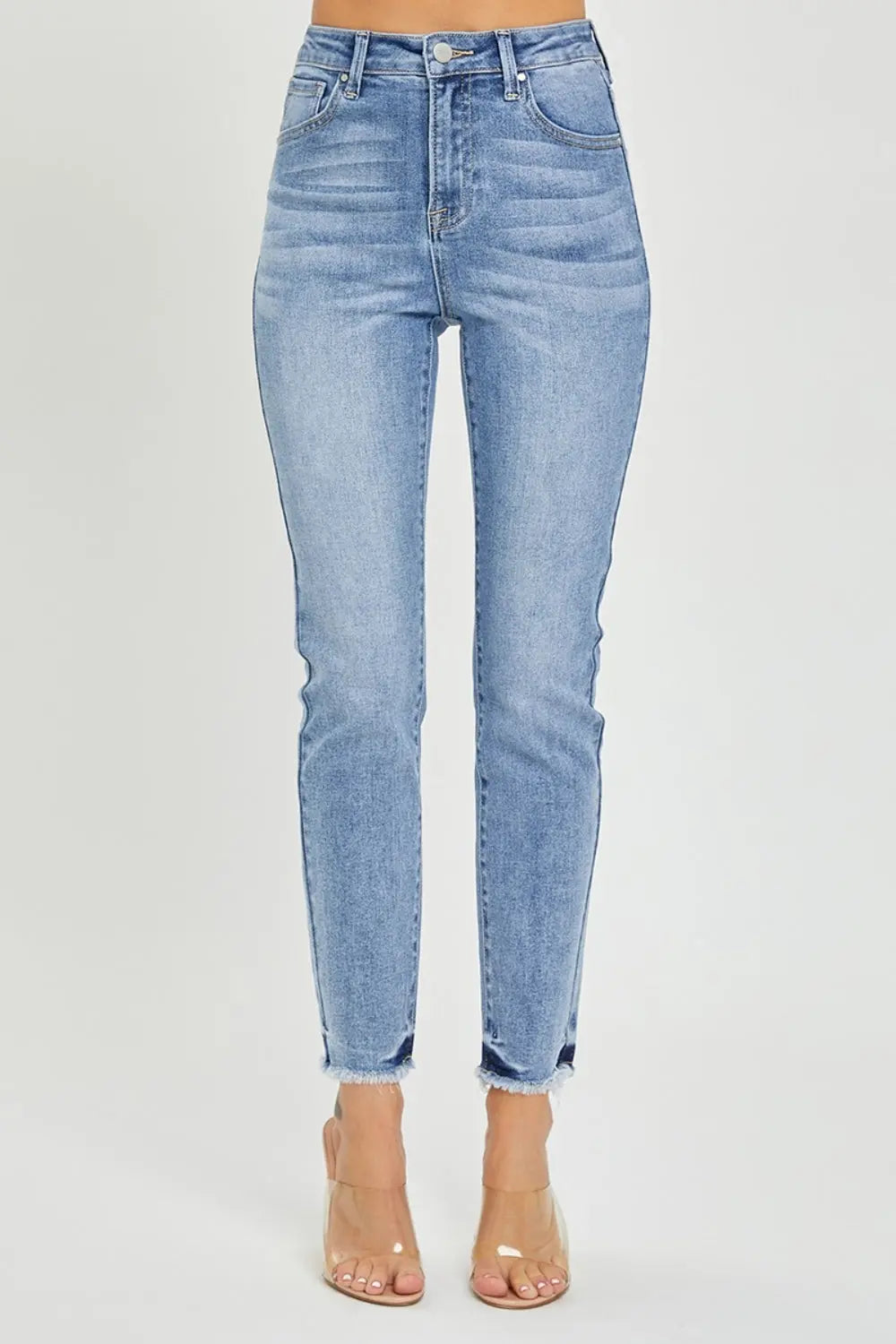 RISEN Full Size High Rise Frayed Hem Skinny Jeans Trendsi