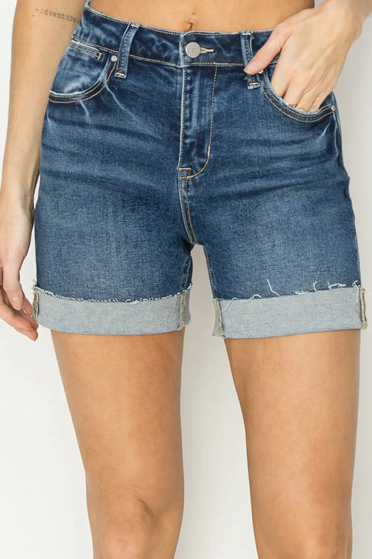 RISEN High Rise Cuffed Denim Shorts Trendsi