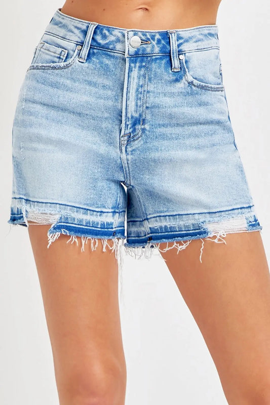 RISEN High Rise Distressed Hem Denim Shorts Trendsi