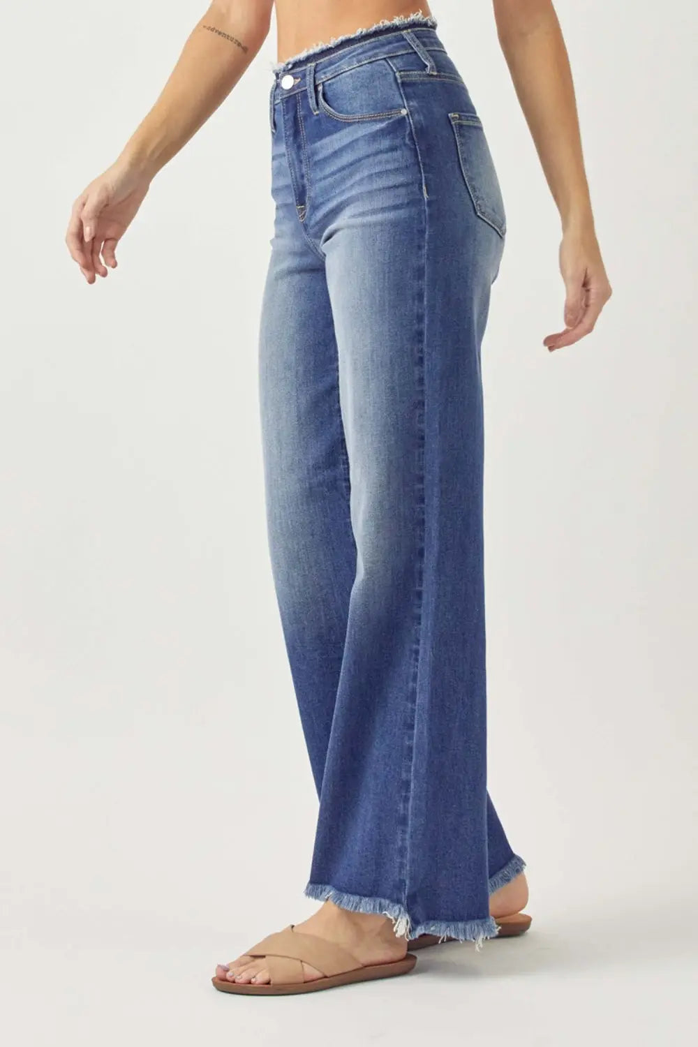 RISEN High Waist Raw Hem Wide Leg Jeans Trendsi