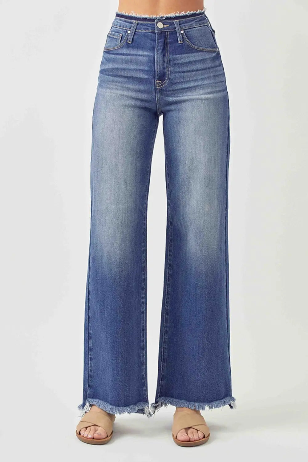 RISEN High Waist Raw Hem Wide Leg Jeans Trendsi