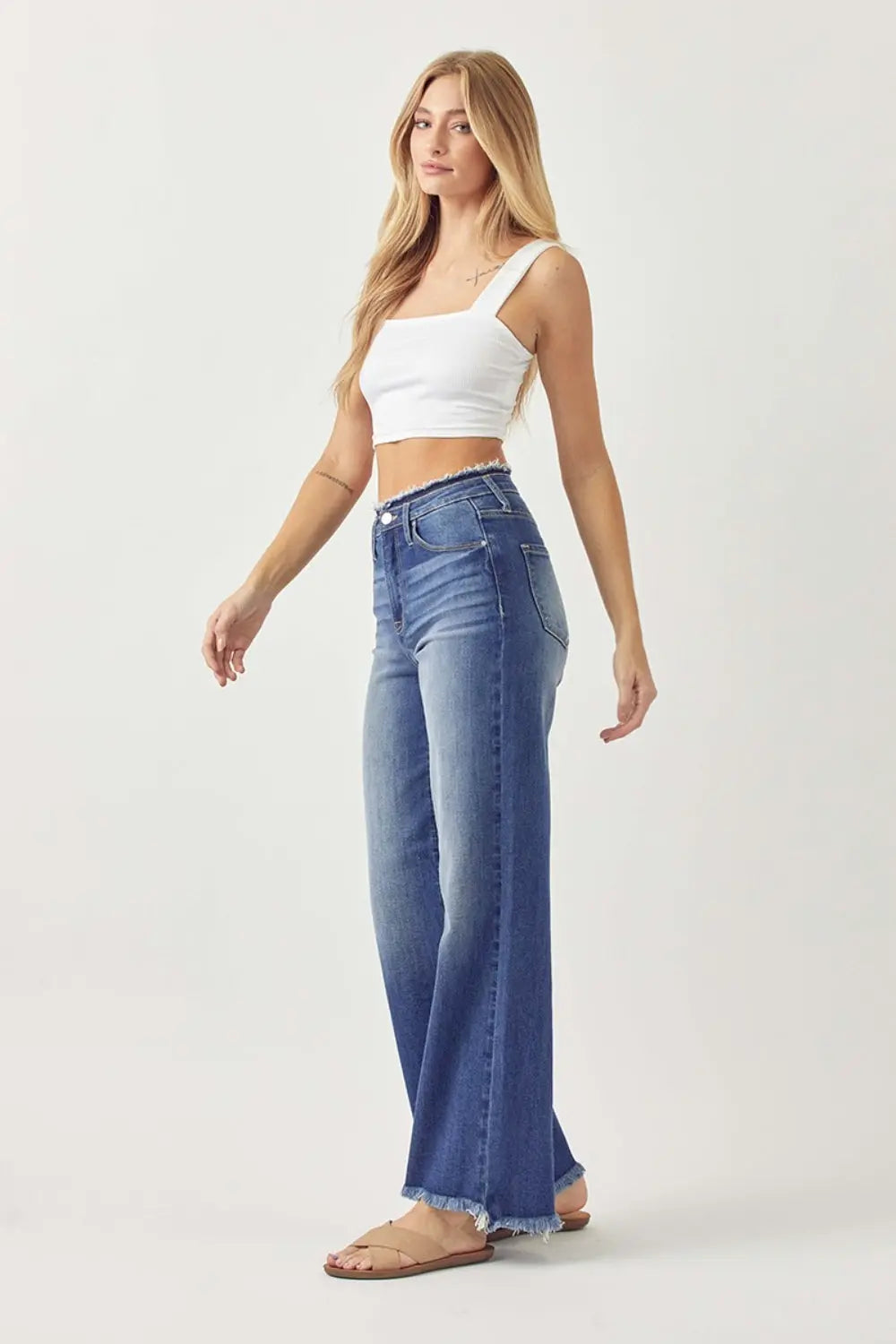 RISEN High Waist Raw Hem Wide Leg Jeans Trendsi