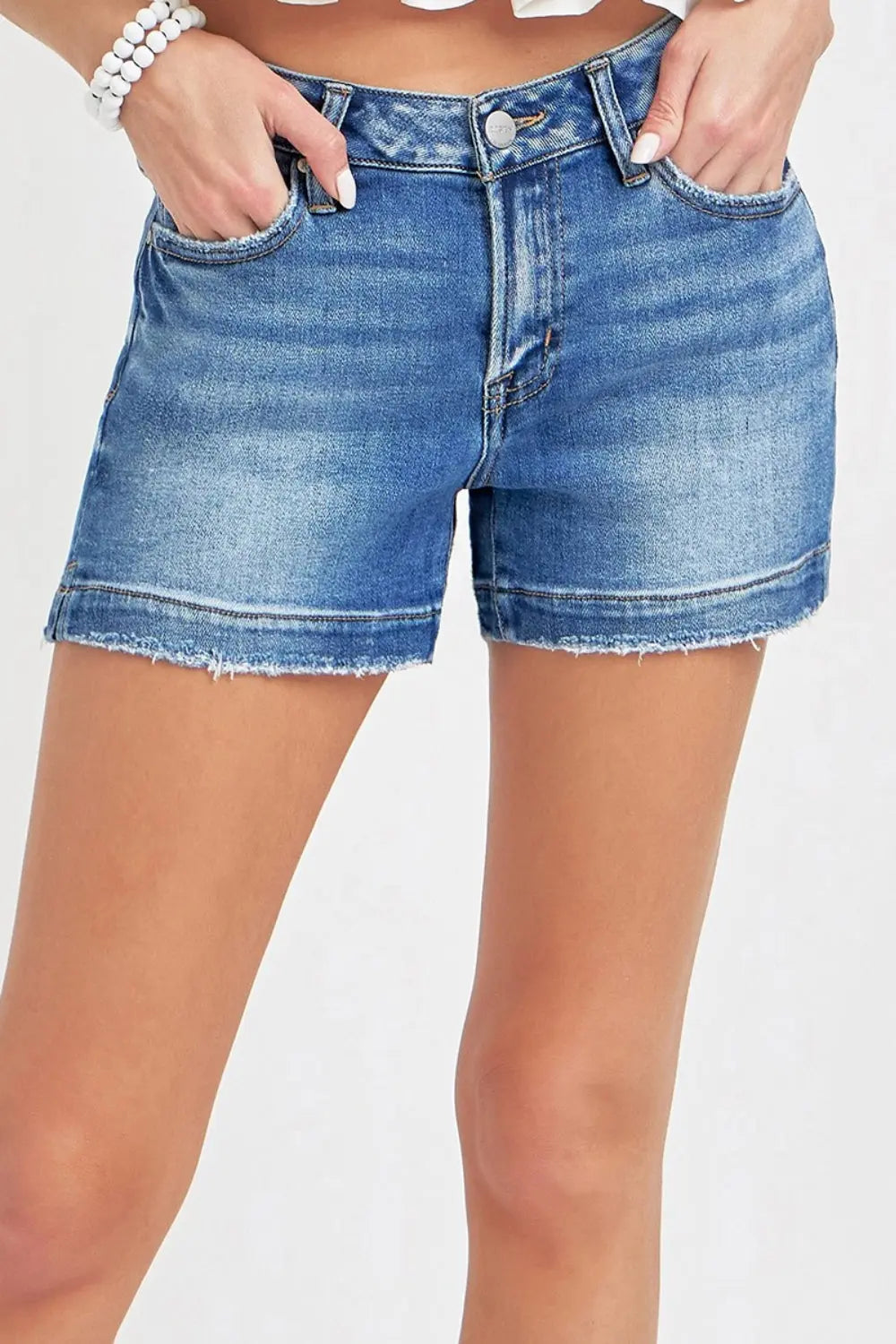 RISEN Low Rise Slit Denim Shorts Trendsi