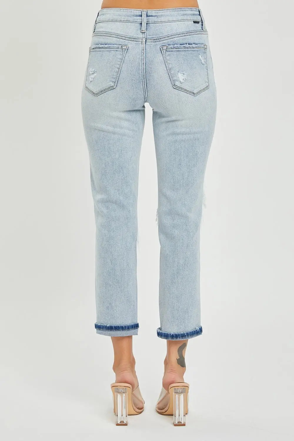 RISEN Mid-Rise Sequin Patched Jeans Trendsi