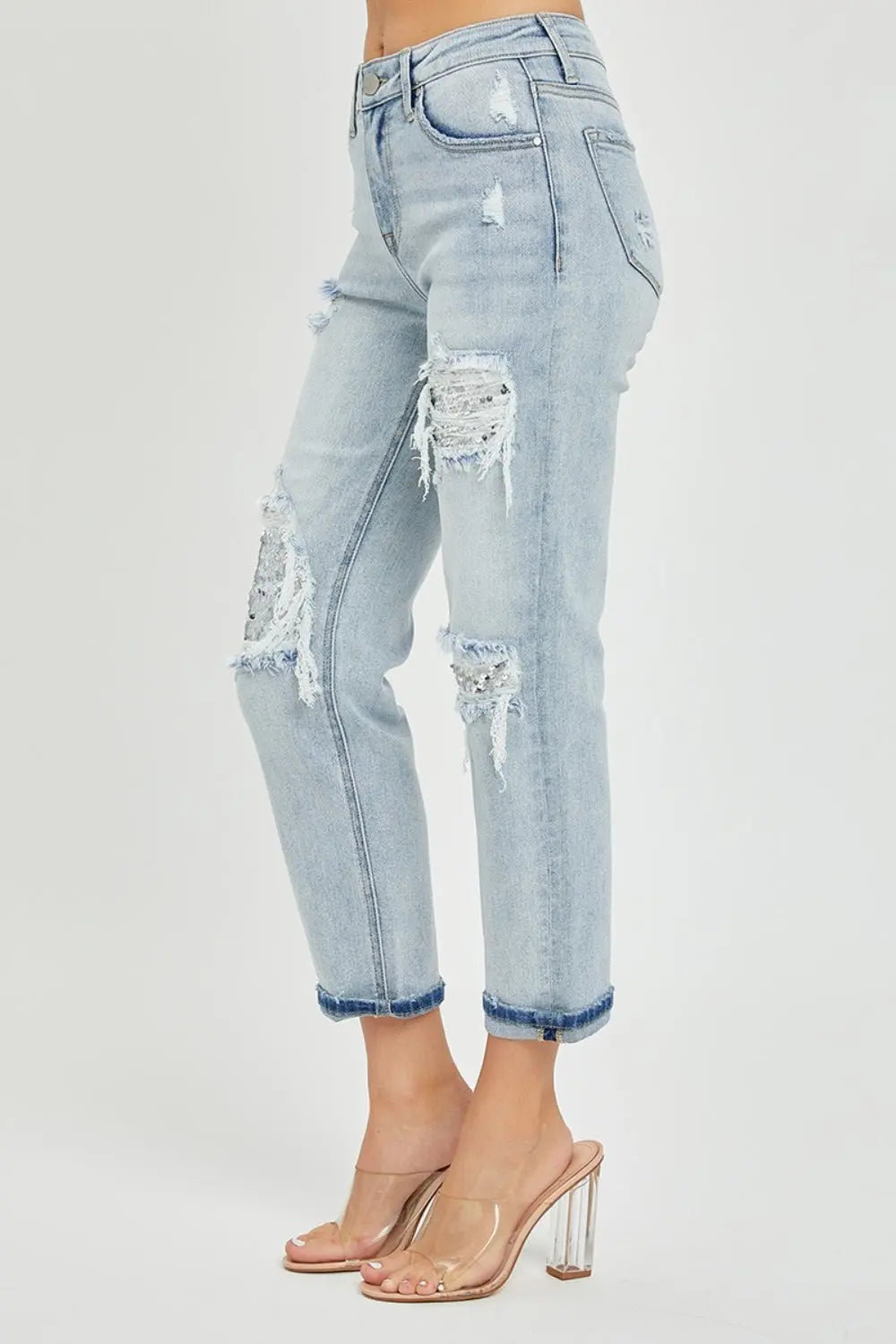 RISEN Mid-Rise Sequin Patched Jeans Trendsi