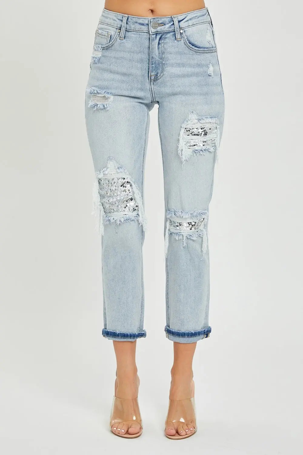 RISEN Mid-Rise Sequin Patched Jeans Trendsi