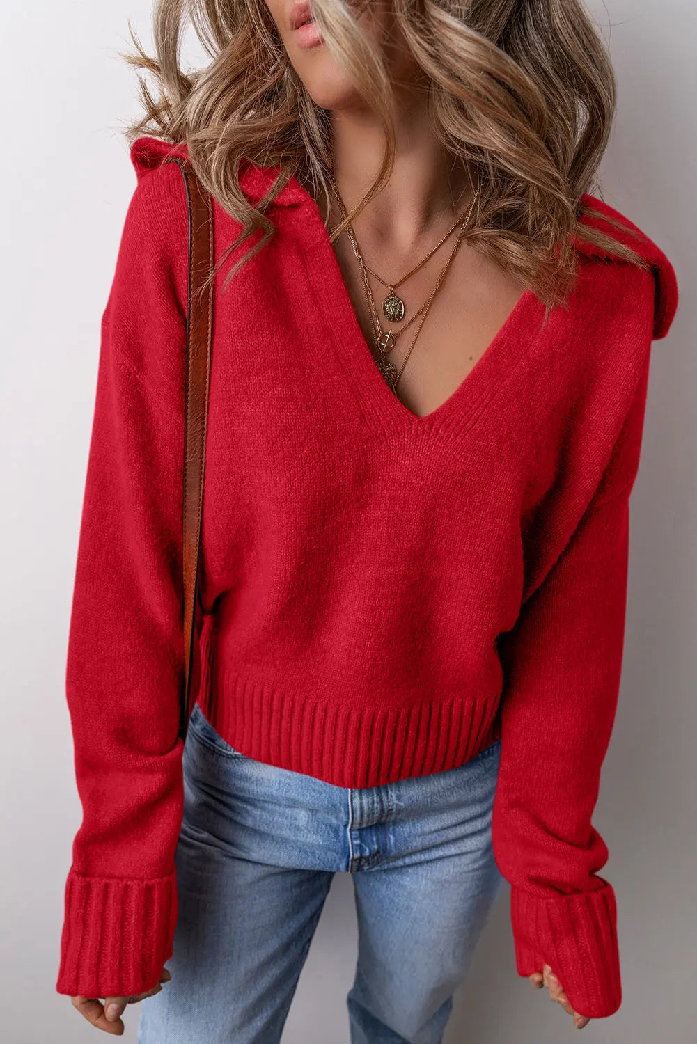 Racing Red Collared V Neck Ribbed Edge Sexy Elegant Sweater Dear-Lover Dropshipping