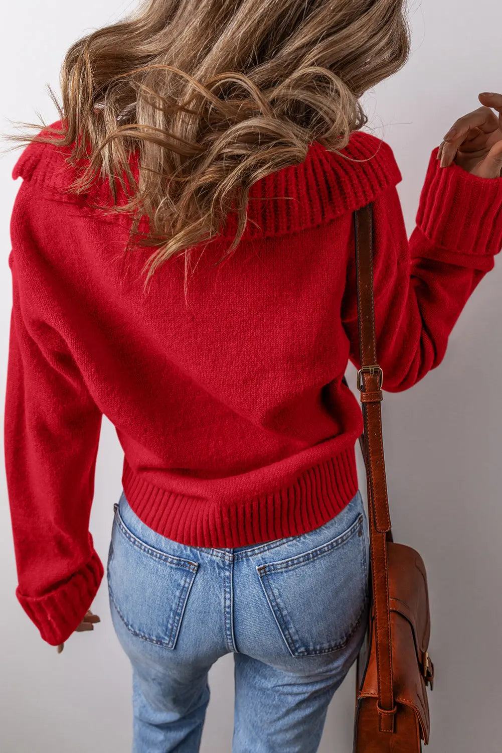 Racing Red Collared V Neck Ribbed Edge Sexy Elegant Sweater Dear-Lover Dropshipping