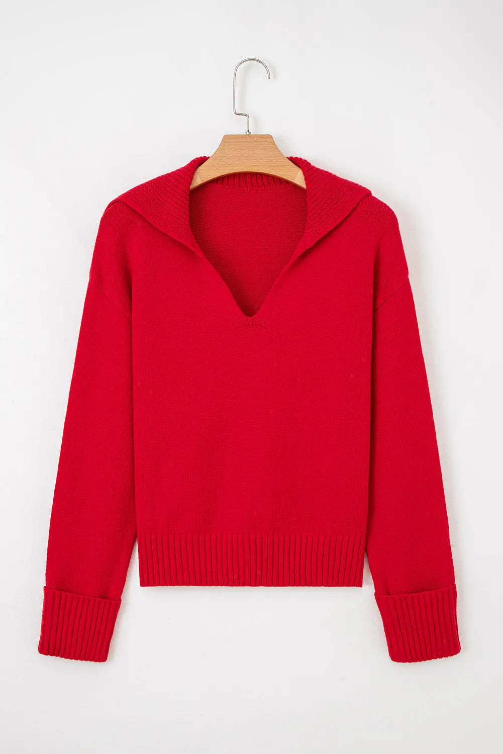 Racing Red Collared V Neck Ribbed Edge Sexy Elegant Sweater Dear-Lover Dropshipping