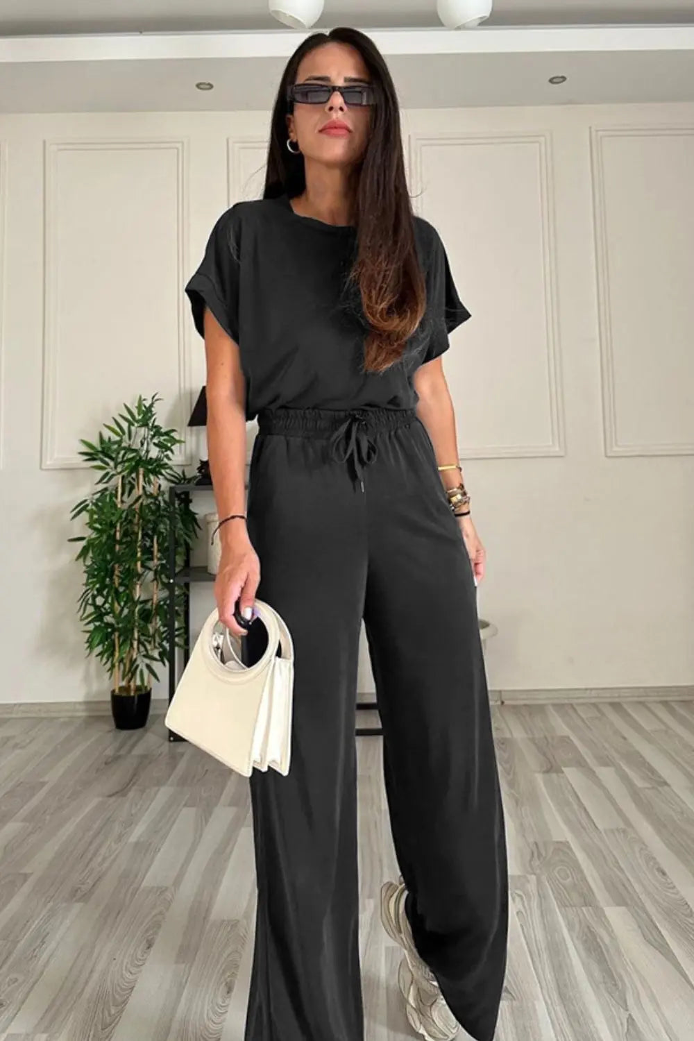 Round Neck Short Sleeve Top and Drawstring Pants Set Trendsi