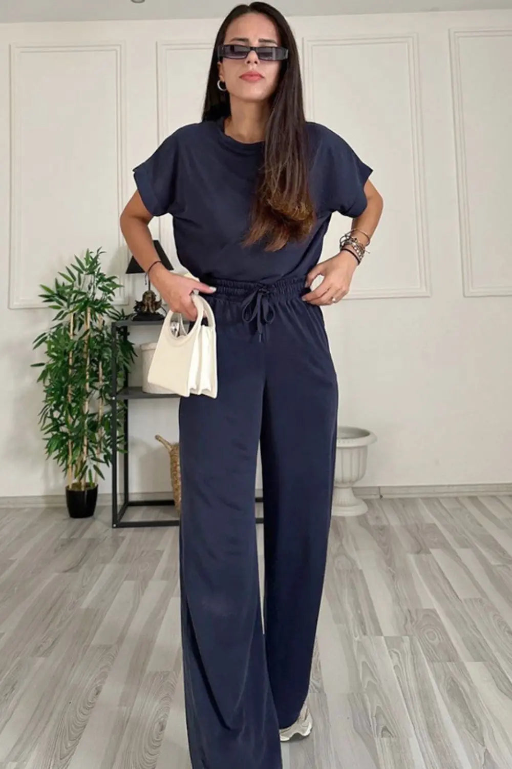 Round Neck Short Sleeve Top and Drawstring Pants Set Trendsi