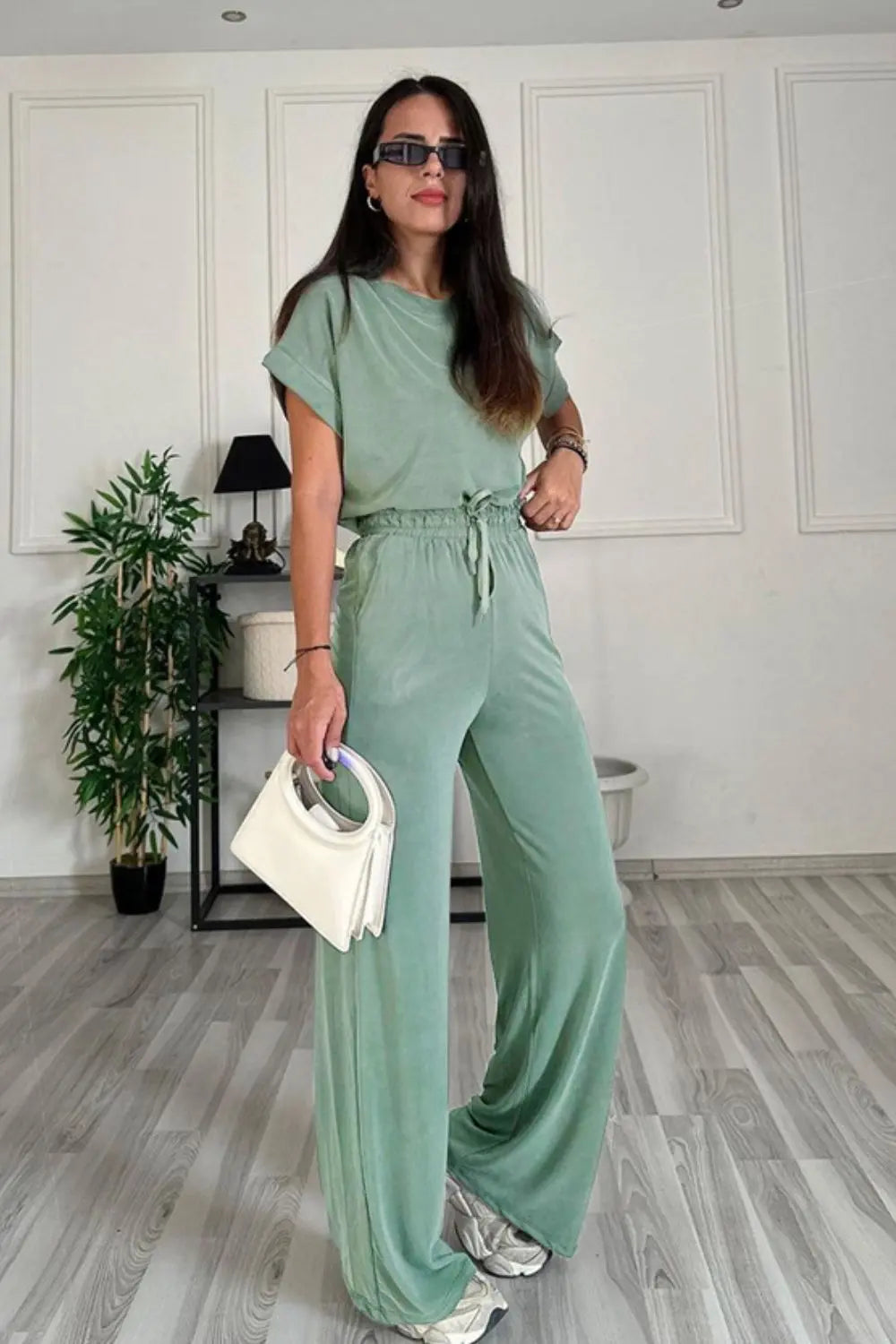 Round Neck Short Sleeve Top and Drawstring Pants Set Trendsi