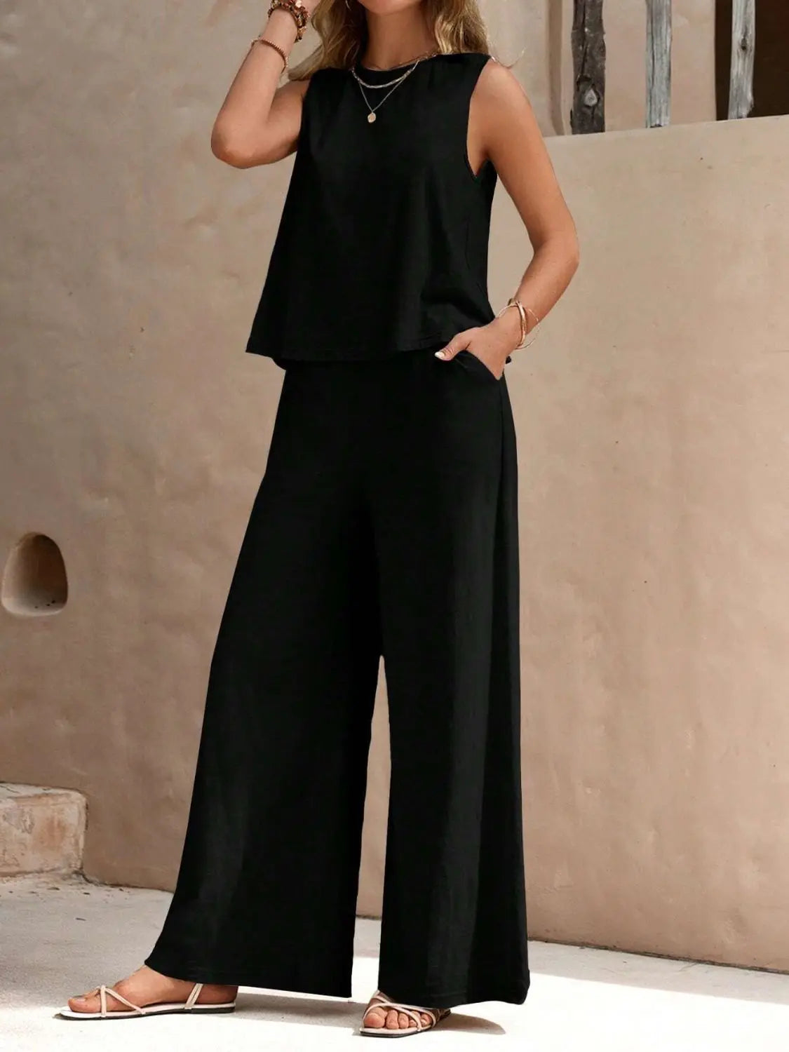 Round Neck Sleeveless Top and Wide Leg Pants Set Trendsi