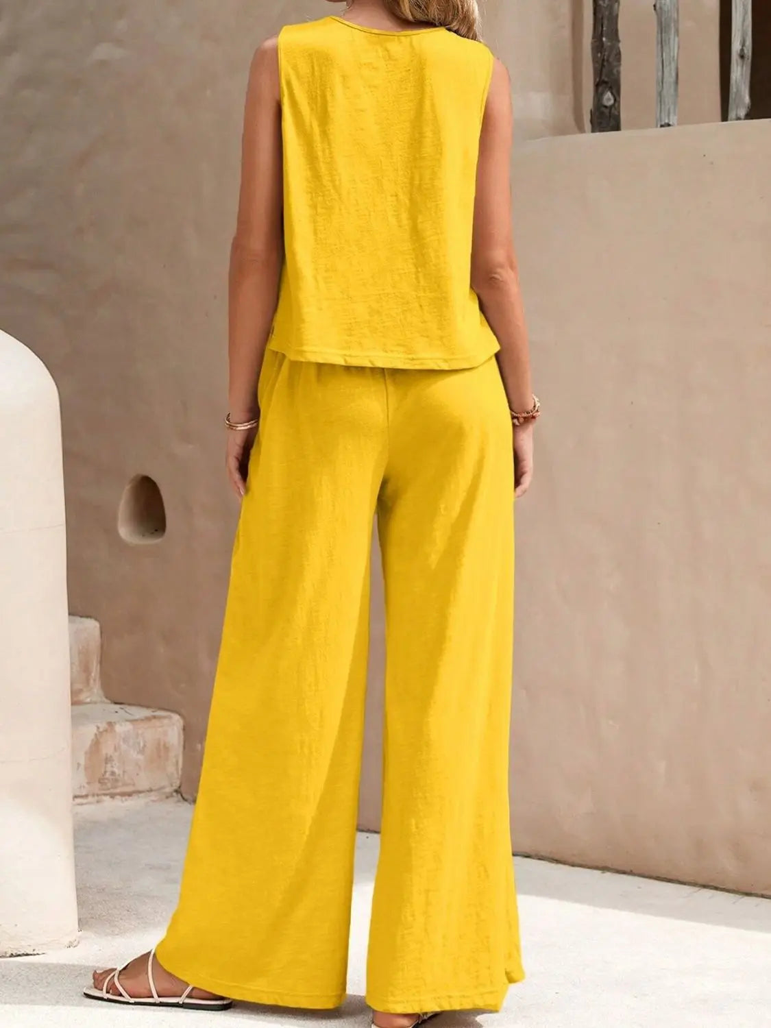 Round Neck Sleeveless Top and Wide Leg Pants Set Trendsi