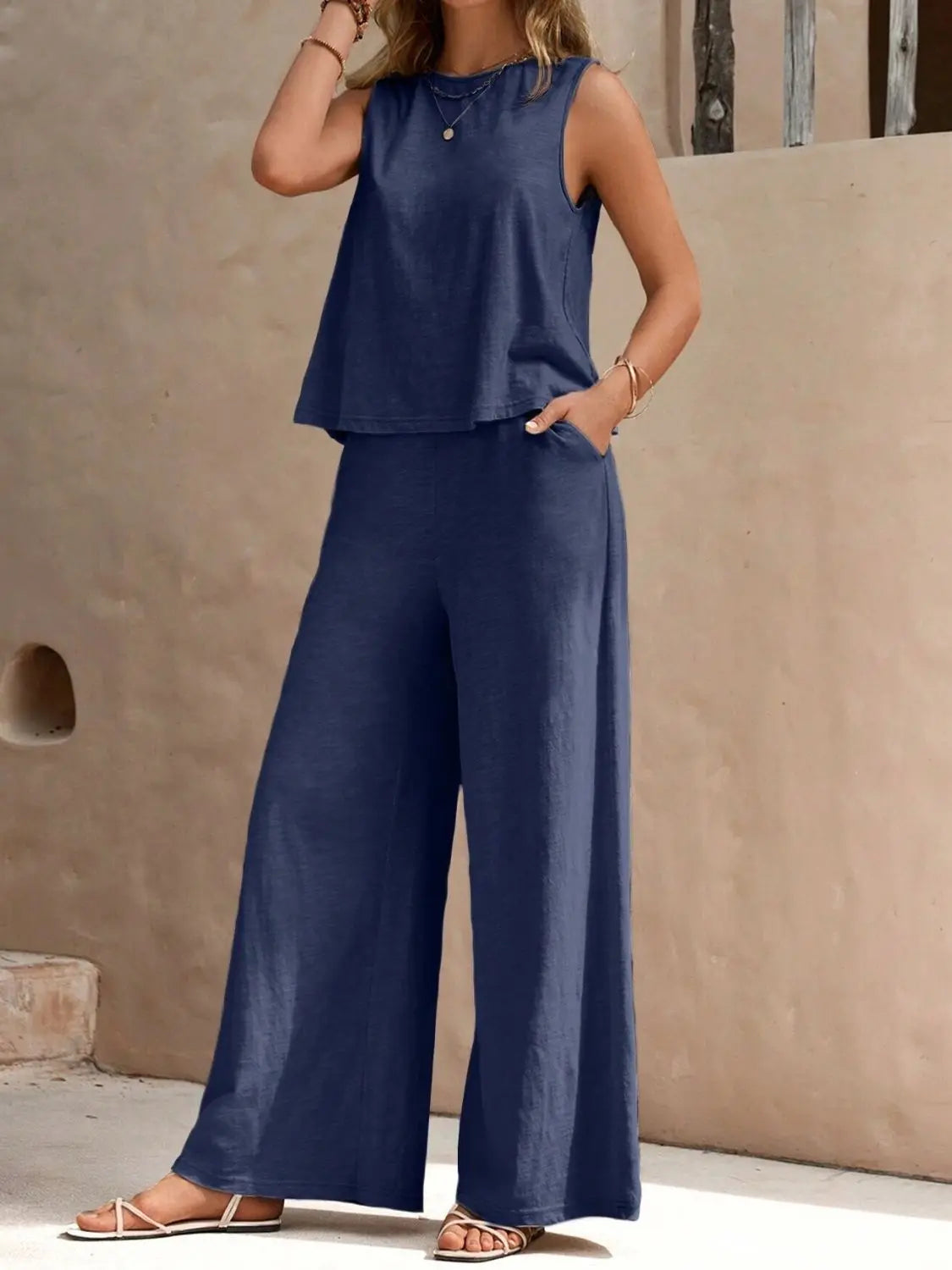 Round Neck Sleeveless Top and Wide Leg Pants Set Trendsi