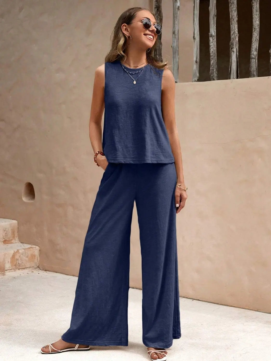 Round Neck Sleeveless Top and Wide Leg Pants Set Trendsi