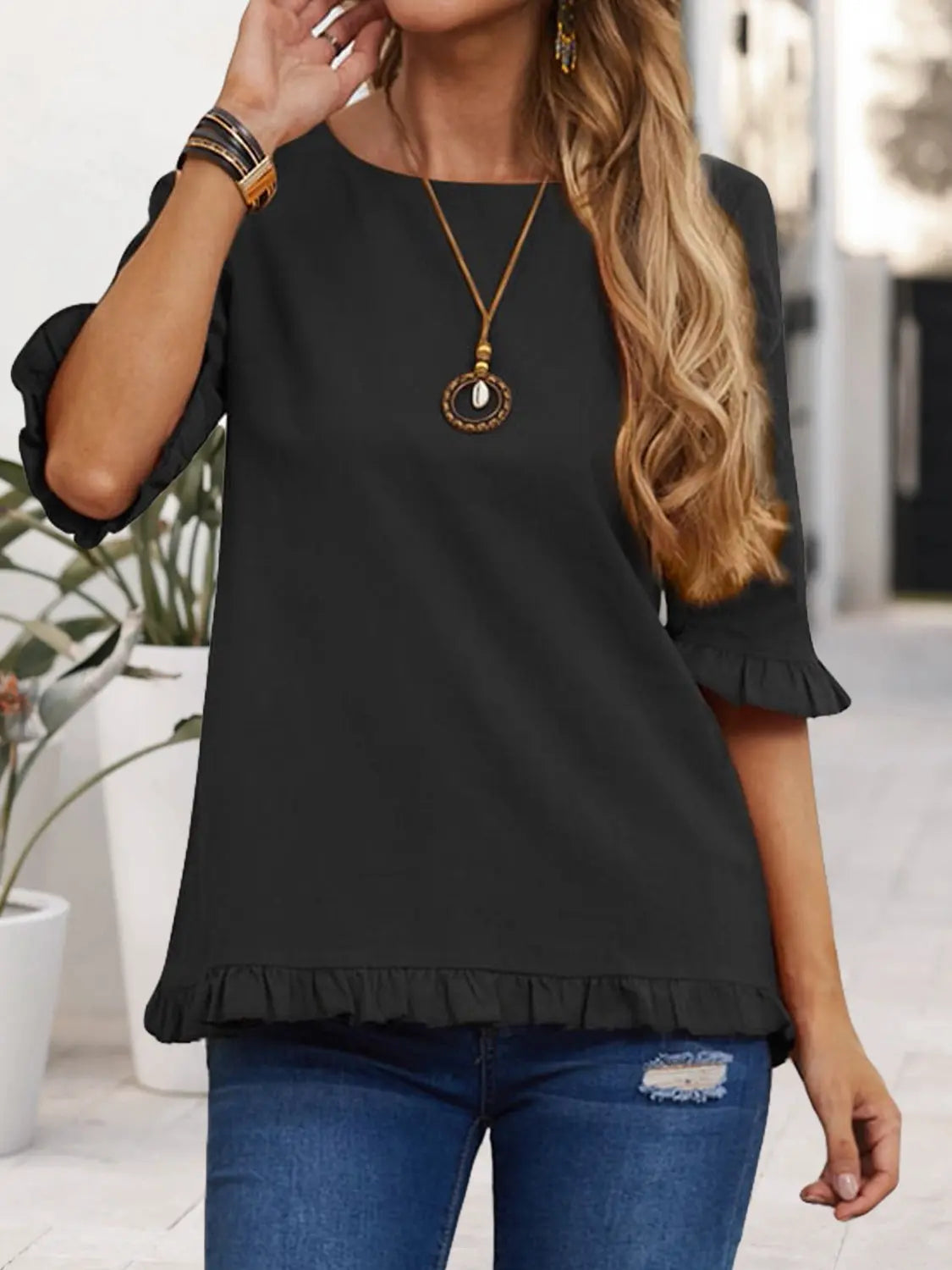 Ruffled Round Neck Half Sleeve Blouse Trendsi