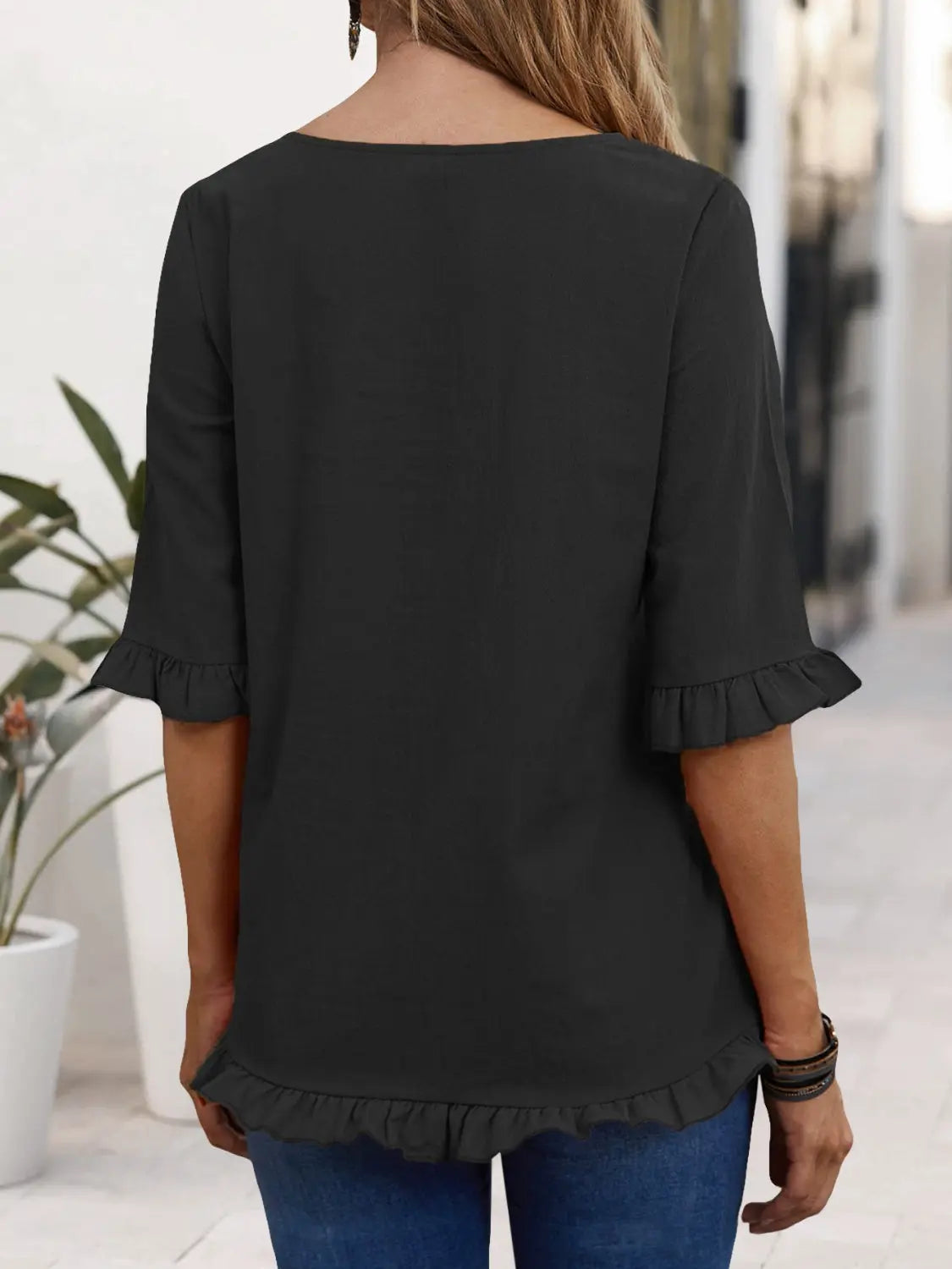 Ruffled Round Neck Half Sleeve Blouse Trendsi