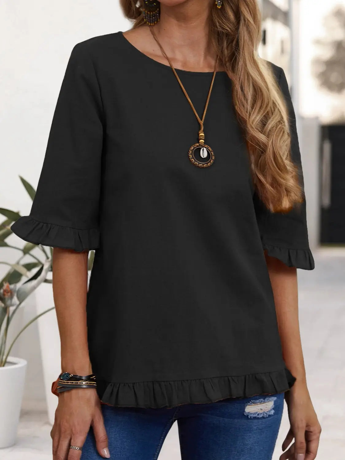 Ruffled Round Neck Half Sleeve Blouse Trendsi